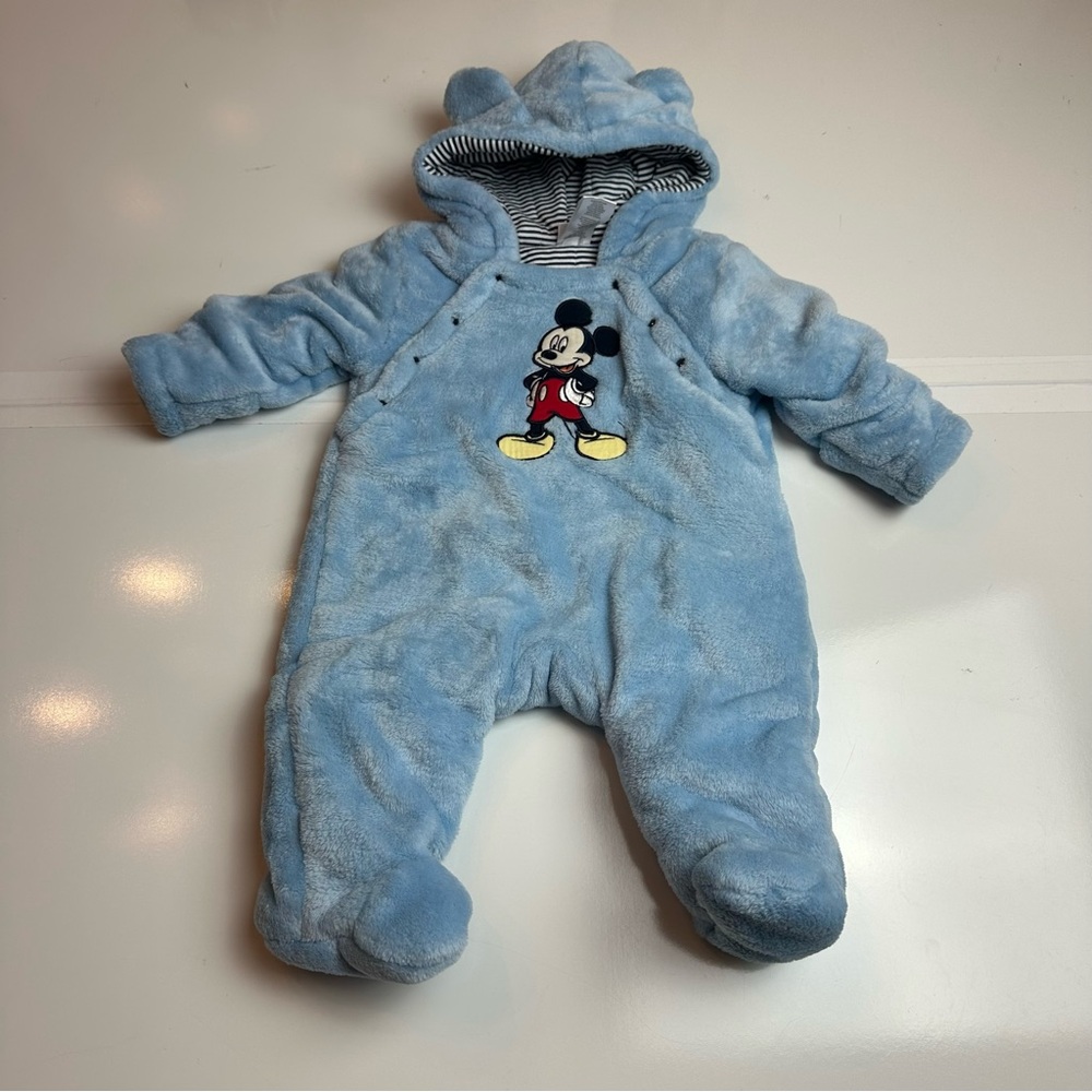 Disney Baby Blue Fleece Mickey Mouse Footie Hooded Snowsuit 0–3M
